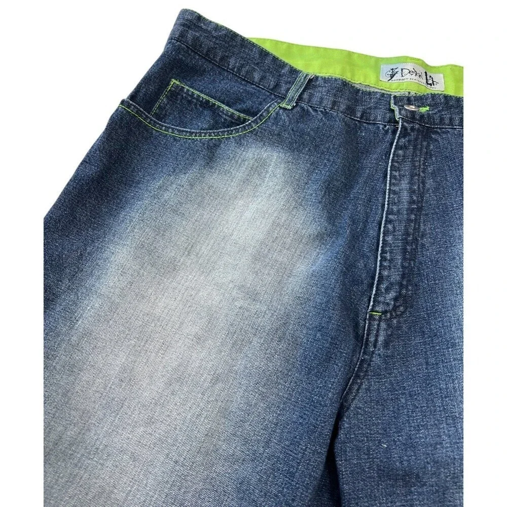 GodBody Men's Blue Jean Shorts Baggy Y2K Skater Streetwear Size 44 Lime Trim